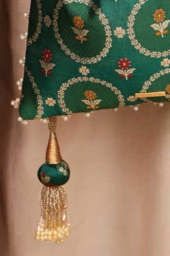 Amyra Green Embroidery, Beads, Pearls, Zari, Tassels Jamal Silk Potli Online at Aza Fashions Amyra_Green Embroidery, Beads, Pearls, Zari, Tassels Jamal Silk Potli _Online_at_Aza_Fashions