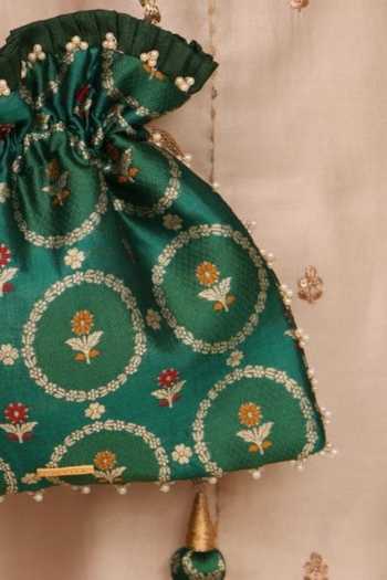 Shop Amyra Green Embroidery, Beads, Pearls, Zari, Tassels Jamal Silk Potli Online at Aza Fashions Shop_Amyra_Green Embroidery, Beads, Pearls, Zari, Tassels Jamal Silk Potli _Online_at_Aza_Fashions