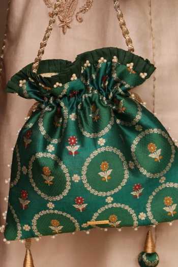 Buy Amyra Green Embroidery, Beads, Pearls, Zari, Tassels Jamal Silk Potli Buy_Amyra_Green Embroidery, Beads, Pearls, Zari, Tassels Jamal Silk Potli