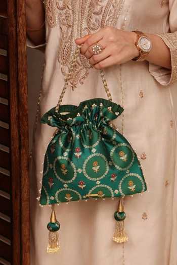 Shop Amyra Green Embroidery, Beads, Pearls, Zari, Tassels Jamal Silk Potli Shop_Amyra_Green Embroidery, Beads, Pearls, Zari, Tassels Jamal Silk Potli