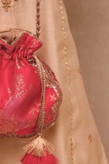 Amyra_Red Embroidery, Zari, Tassels, Lace Simar Scallop Silk Potli _Online_at_Aza_Fashions
