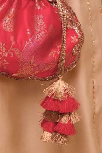 Buy_Amyra_Red Embroidery, Zari, Tassels, Lace Simar Scallop Silk Potli _Online_at_Aza_Fashions