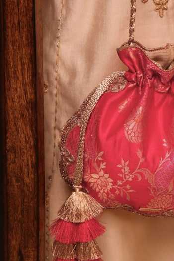 Shop_Amyra_Red Embroidery, Zari, Tassels, Lace Simar Scallop Silk Potli _Online_at_Aza_Fashions
