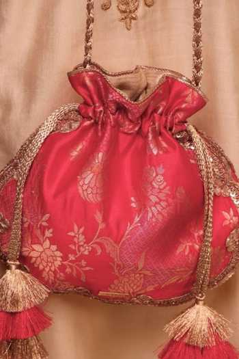 Amyra_Red Embroidery, Zari, Tassels, Lace Simar Scallop Silk Potli _at_Aza_Fashions