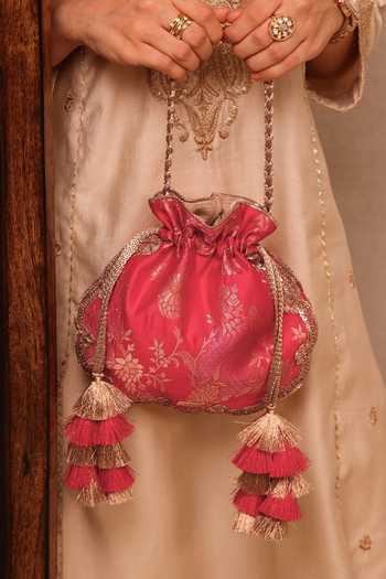 Shop_Amyra_Red Embroidery, Zari, Tassels, Lace Simar Scallop Silk Potli 