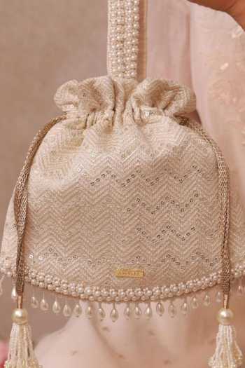 Shop_Amyra_Off White Embroidery, Pearls, Tassels, Metallic Thread Mayuri Potli 