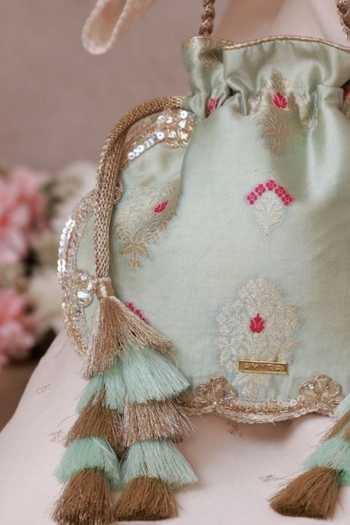 Buy_AMYRA_Blue Embroidery, Zari, Tassels, Metallic Thread Nihari Scallop Silk Potli 