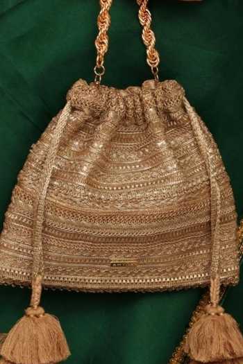 Shop AMYRA Gold Zari, Tassels, Lace Ekaya Textured Pattern Potli Shop_AMYRA_Gold Zari, Tassels, Lace Ekaya Textured Pattern Potli