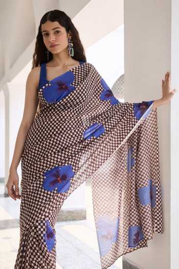Dressfolk_Blue Handloom Cotton Checkered Pre-draped Saree With Unstitched Blouse Piece _Online_at_Aza_Fashions