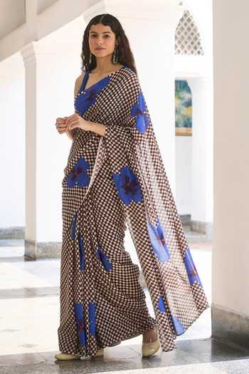 Buy_Dressfolk_Blue Handloom Cotton Checkered Pre-draped Saree With Unstitched Blouse Piece _Online_at_Aza_Fashions