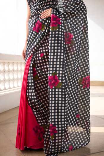 Dressfolk_Pink Handloom Cotton Checkered Pre-draped Saree With Unstitched Blouse Piece _Online_at_Aza_Fashions
