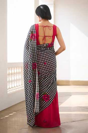 Dressfolk Checkered Pre-Draped Saree With Unstitched Blouse Piece 