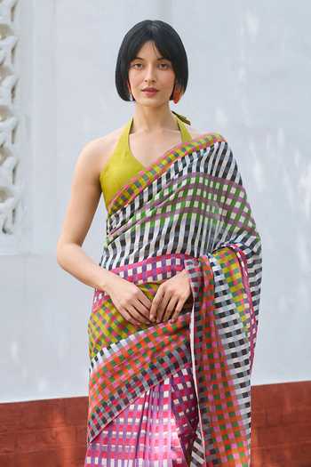 Dressfolk_Multi Color Handloom Checkered Pre-draped Saree With Unstitched Blouse Piece _Online_at_Aza_Fashions