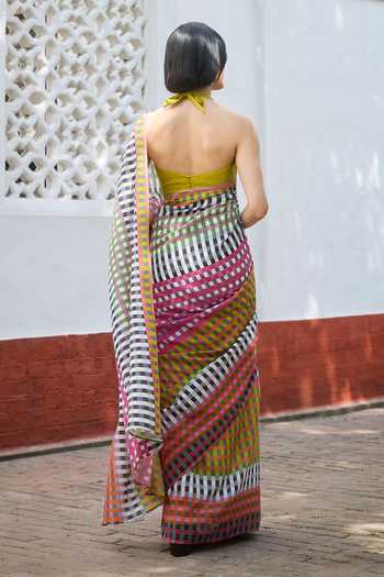 Dressfolk Checkered Pre-Draped Saree With Unstitched Blouse Piece 