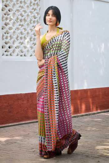 Buy_Dressfolk_Multi Color Handloom Checkered Pre-draped Saree With Unstitched Blouse Piece _Online_at_Aza_Fashions
