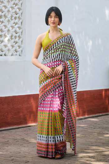 Dressfolk Checkered Pre-Draped Saree With Unstitched Blouse Piece 