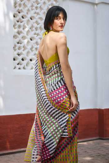 Shop_Dressfolk_Multi Color Handloom Checkered Pre-draped Saree With Unstitched Blouse Piece _Online_at_Aza_Fashions