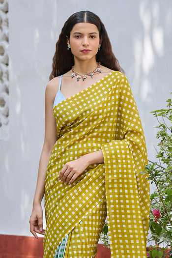 Dressfolk_Green Handloom Cotton Checkered Pre-draped Saree With Unstitched Blouse Piece _at_Aza_Fashions
