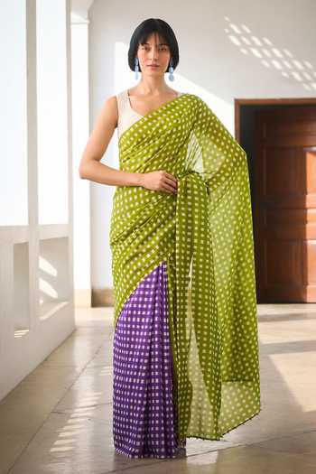 Dressfolk Checkered Pre-Draped Saree With Unstitched Blouse Piece 