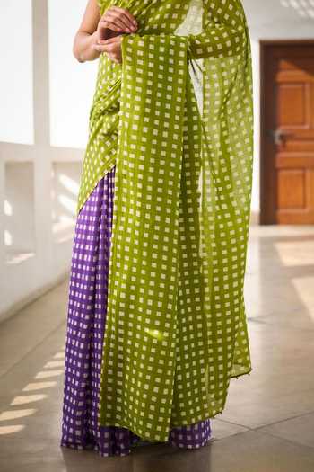 Dressfolk_Green Handloom Cotton Checkered Pre-draped Saree With Unstitched Blouse Piece _Online_at_Aza_Fashions
