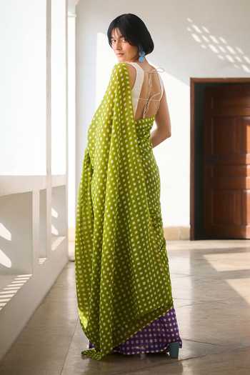 Dressfolk Checkered Pre-Draped Saree With Unstitched Blouse Piece 
