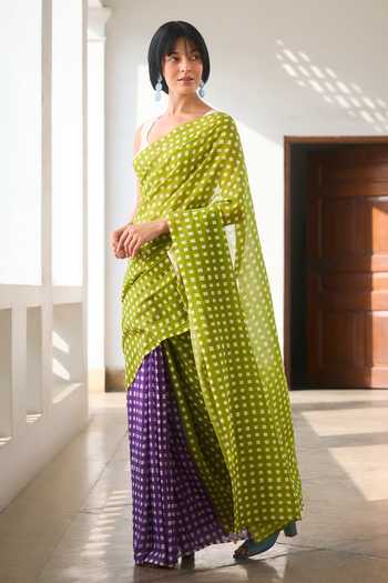 Dressfolk_Green Handloom Cotton Checkered Pre-draped Saree With Unstitched Blouse Piece _at_Aza_Fashions