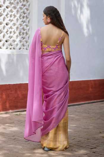 Dressfolk Checkered Pre-Draped Saree & Unstitched Blouse Piece 