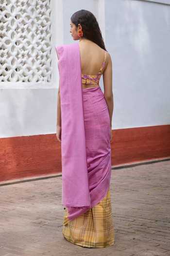 Buy_Dressfolk_Yellow Handloom Cotton One Checkered Pre-draped Saree And Unstitched Blouse Piece _Online_at_Aza_Fashions