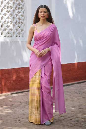 Dressfolk Checkered Pre-Draped Saree & Unstitched Blouse Piece 