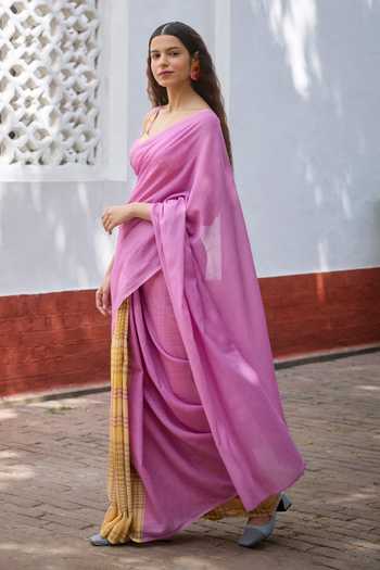 Shop_Dressfolk_Yellow Handloom Cotton One Checkered Pre-draped Saree And Unstitched Blouse Piece _Online_at_Aza_Fashions