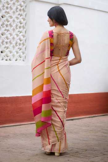 Dressfolk Striped Pre-Draped Saree & Unstitched Blouse Piece 