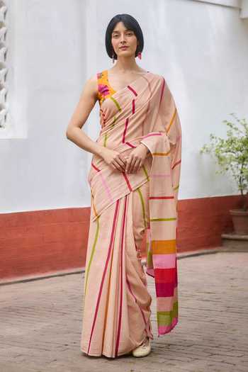 Dressfolk Striped Pre-Draped Saree & Unstitched Blouse Piece 