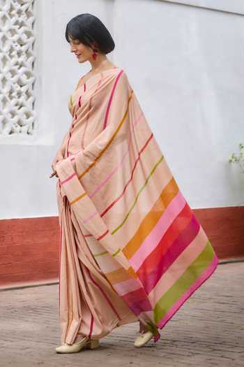 Dressfolk_Multi Color Handloom Cotton Striped Pre-draped Saree And Unstitched Blouse Piece _Online_at_Aza_Fashions
