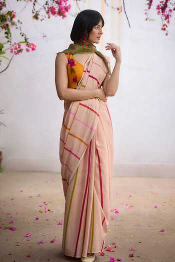 Buy_Dressfolk_Multi Color Handloom Cotton Striped Pre-draped Saree And Unstitched Blouse Piece _Online_at_Aza_Fashions