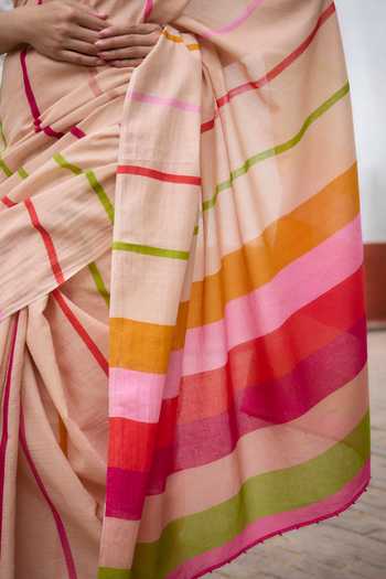 Shop_Dressfolk_Multi Color Handloom Cotton Striped Pre-draped Saree And Unstitched Blouse Piece _Online_at_Aza_Fashions