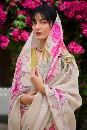 Dressfolk_Off White Linen Pre-draped Saree With Unstitched Blouse Piece _Online_at_Aza_Fashions