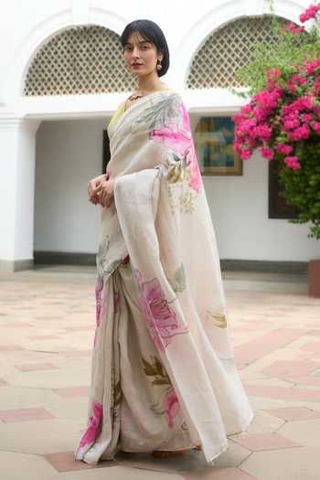 Buy_Dressfolk_Off White Linen Pre-draped Saree With Unstitched Blouse Piece _Online_at_Aza_Fashions
