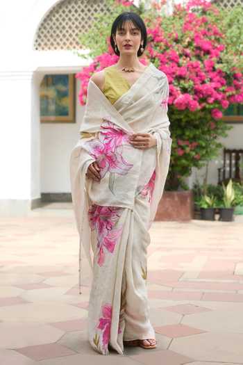 Shop_Dressfolk_Off White Linen Pre-draped Saree With Unstitched Blouse Piece _Online_at_Aza_Fashions