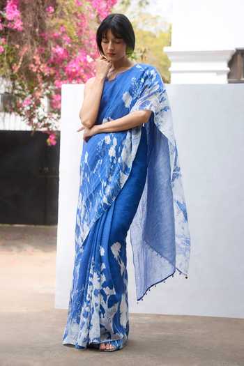 Dressfolk_Blue Linen Pre-draped Saree With Unstitched Blouse Piece _Online_at_Aza_Fashions