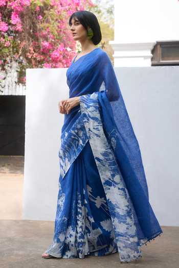 Shop_Dressfolk_Blue Linen Pre-draped Saree With Unstitched Blouse Piece _Online_at_Aza_Fashions