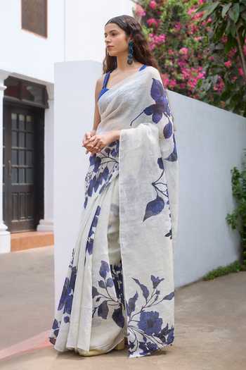 Dressfolk_Blue Linen Botanical Pre-draped Saree With Unstitched Blouse Piece _Online_at_Aza_Fashions