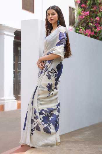 Buy_Dressfolk_Blue Linen Botanical Pre-draped Saree With Unstitched Blouse Piece _Online_at_Aza_Fashions
