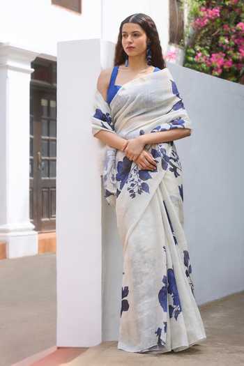 Shop_Dressfolk_Blue Linen Botanical Pre-draped Saree With Unstitched Blouse Piece _Online_at_Aza_Fashions