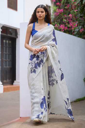 Dressfolk Botanical Pre-Draped Saree With Unstitched Blouse Piece 
