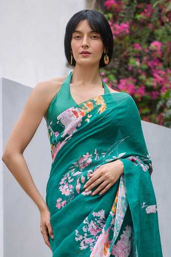 Dressfolk_Green Linen Printed Pre-draped Saree With Unstitched Blouse Piece _Online_at_Aza_Fashions
