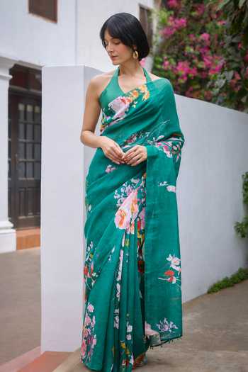 Buy_Dressfolk_Green Linen Printed Pre-draped Saree With Unstitched Blouse Piece _Online_at_Aza_Fashions