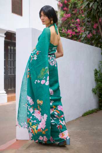 Shop_Dressfolk_Green Linen Printed Pre-draped Saree With Unstitched Blouse Piece _Online_at_Aza_Fashions