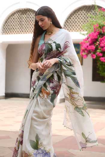 Dressfolk_Multi Color Linen Printed Pre-draped Saree With Unstitched Blouse Piece _Online_at_Aza_Fashions