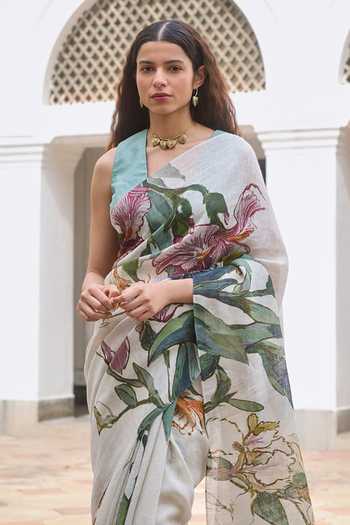 Buy_Dressfolk_Multi Color Linen Printed Pre-draped Saree With Unstitched Blouse Piece _Online_at_Aza_Fashions