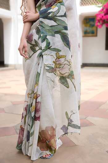 Shop_Dressfolk_Multi Color Linen Printed Pre-draped Saree With Unstitched Blouse Piece _Online_at_Aza_Fashions